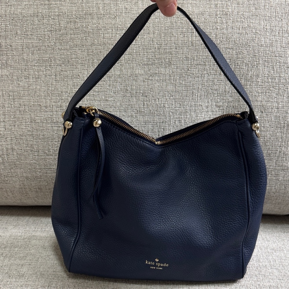 kate spade Navy Pebbled Leather Shoulder Hobo with Gold Hardware